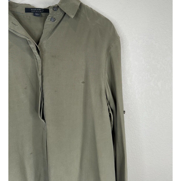 AllSaints Alex Shirt Dress Size US 4 Olive Green Long Sleeve Button Front Silk - Picture 3 of 15